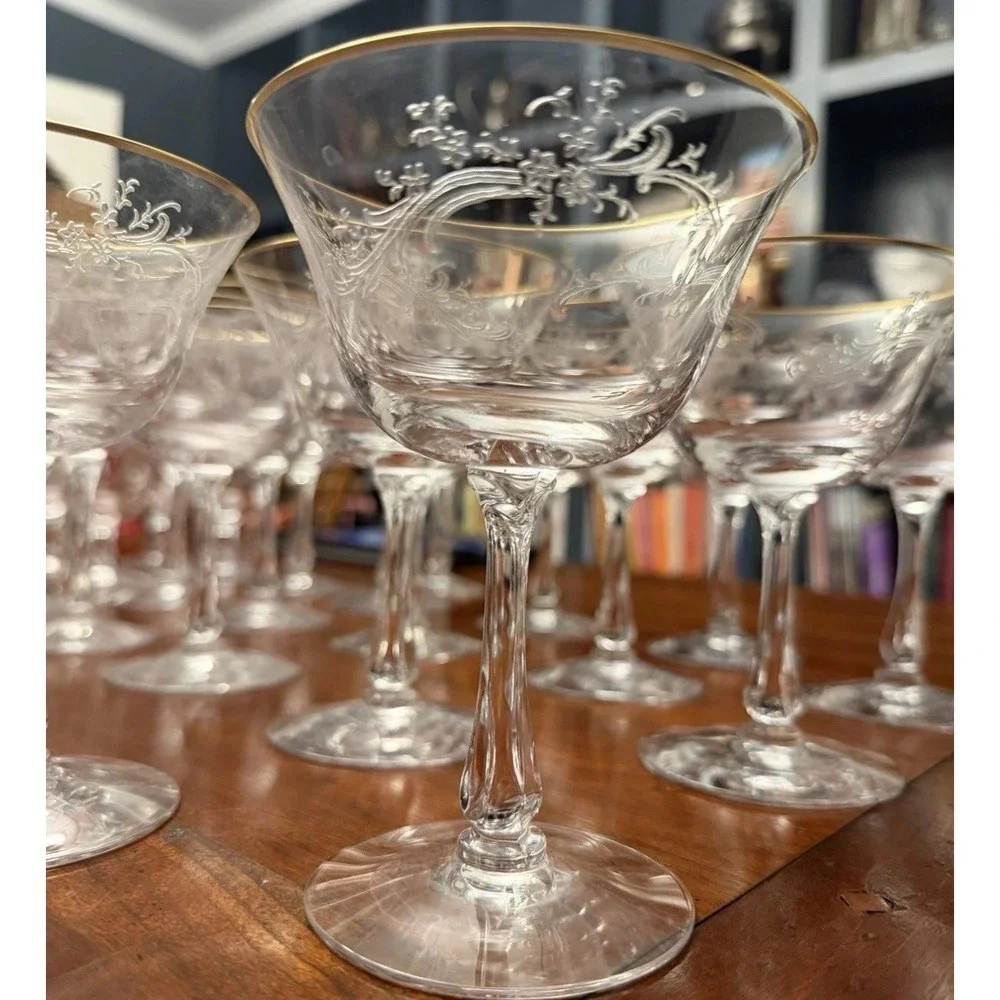 Golden‎ Lace by Fostoria Champagne Tall Sherbert Set of 10 Vintage Etched w/Gold